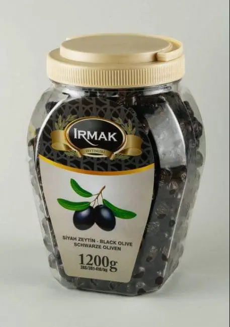 irmak սև սեղանի թթու ձիթապտուղ 3xs մ 1200 գ պլաստմասե տարայի մեջ