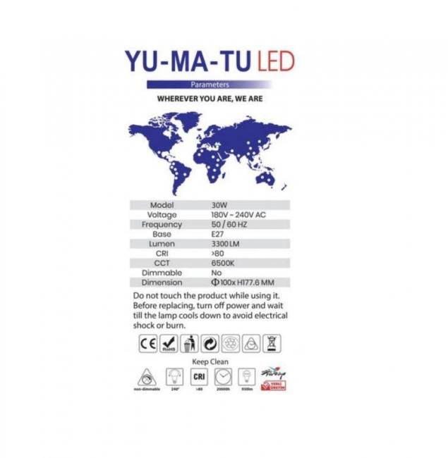 yumatu 30w e27 սպիտակ լուսադիոդային լամպ 3300 լյումեն