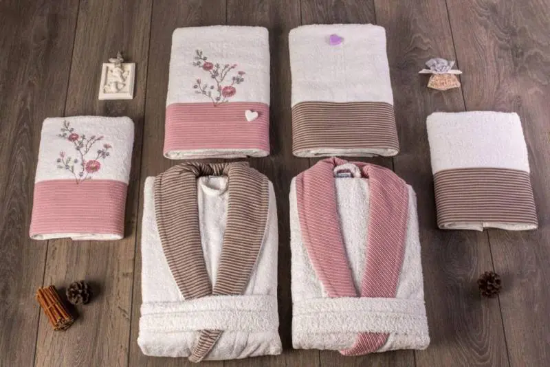 Berberler Rebeka Herren Damen Bademantel Bornoz und Handtuch Set türkische Baumwolle rosa braun