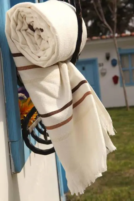 բերբերլեր 100% թուրքական բամբակյա սրբիչ 70 × 160 սմ 380գր փեշթեմալս բեժ շագանակագույն շերտավորված