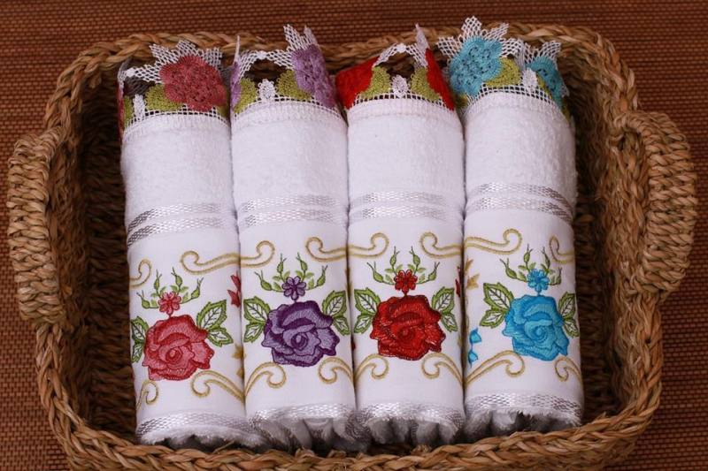 베르베르 베라 욕실 장식 핸드 타올 수 놓은 수건 터키 면화 팩 6 - 30 x 50 cm 꽃 무늬 레이스