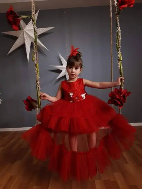 Երկու շերտ երկար ժամանակակից գեղեցիկ մանկական երեկույթի աղջկա զգեստ՝ կարմիր