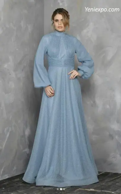 vrouw groothandel glamour jurk lange mouw baby blauwe kleur 100